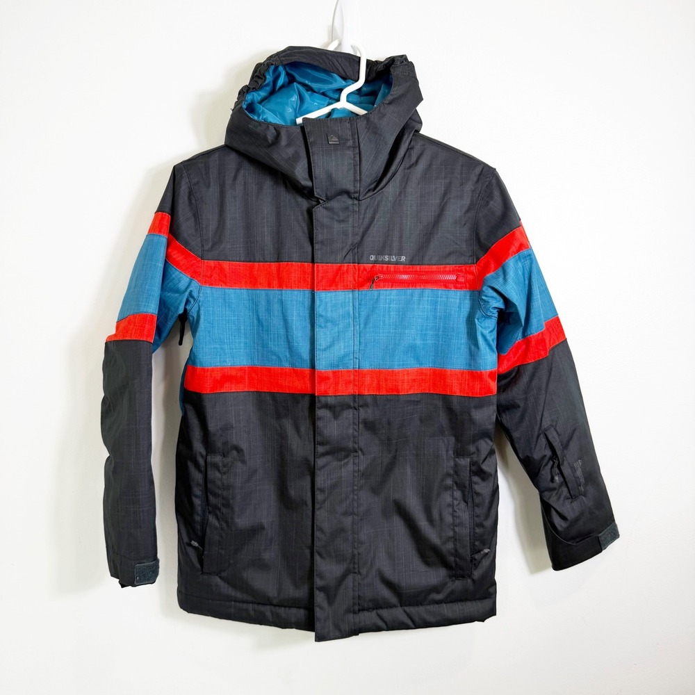 Quiksilver Snow Ski Jacket Boys Medium 12 Black Blue Red 10K Hooded Insulated